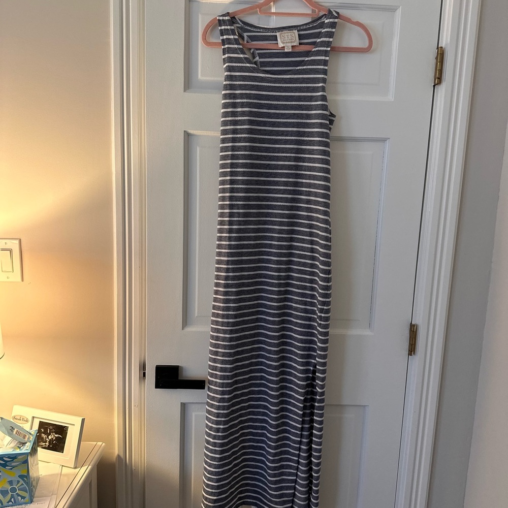 Blueish-gray and White Striped Maxi Dress
